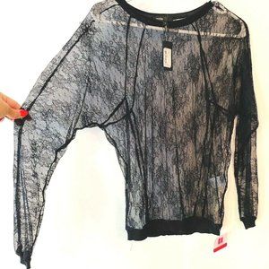 Maje Womens Lace Sweatshirt Blouse Top Black Sheer